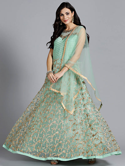 Chhabra 555 Green Embellished Silk Gown with heavy beautiful Zircon, hand work and Nakshi Work with Dupatta