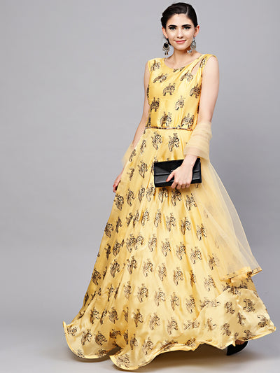 Chhabra 555 Yellow Embellished Animal Print Dress with Belt, Dupatta and Cut-out keyhole pattern