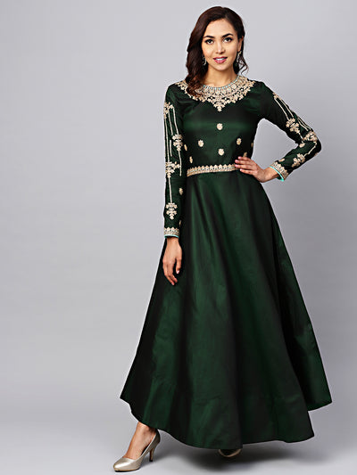 Chhabra 555 Made-to-Measure Green Embellished Gown with Zari and Resham jeweled pattern neckline