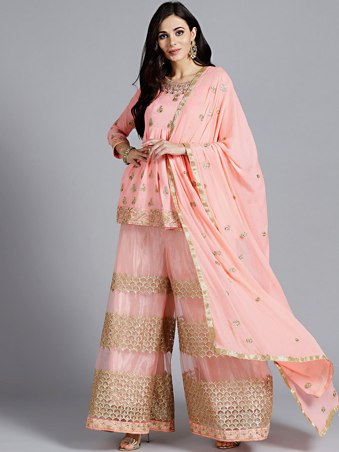 Chhabra 555 Embroidered Anarkali Kurta & sharara with Cut-dana and Sequins & chiffon dupatta