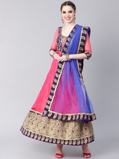 Chhabra 555 Made-to-measure Pink Anarkali Kurta Set with Blue Embroidered Dupatta