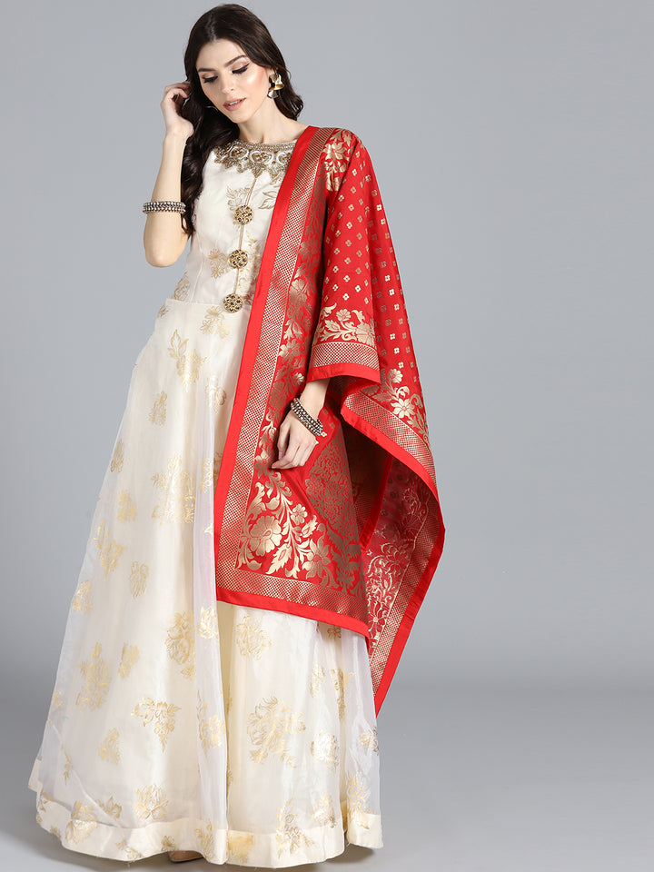 Chhabra 555 OffWhite & Red Tissue Foil Print Hand Embroidered Stitched Anarkali Kurta Set With Heavy Banarasi Dupatta