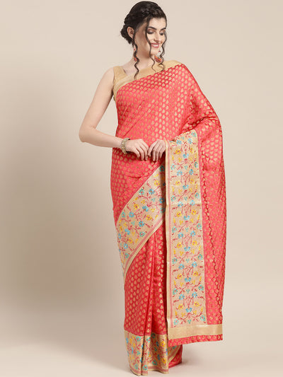 Chhabra 555 Chanderi Banarasi Silk saree with Buti Zari weave and broad multicolor threadwork border