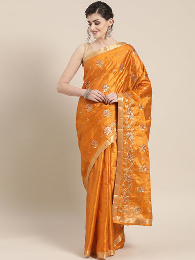 Chhabra 555 Tussar silk saree with traditional Floral Zari motifs and Lotus Embroidery Zari border