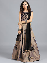Chhabra 555 Beige & Black Art Silk Thread & Swarovski Worked Stitched Lehenga Choli With Net Dupatta