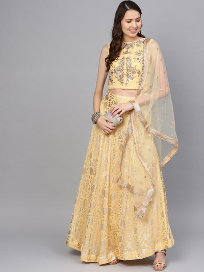 Chhabra 555 Made-to-Measure Pearl Embellished Crop Top blouse with Foil Print lehenga and dupatta