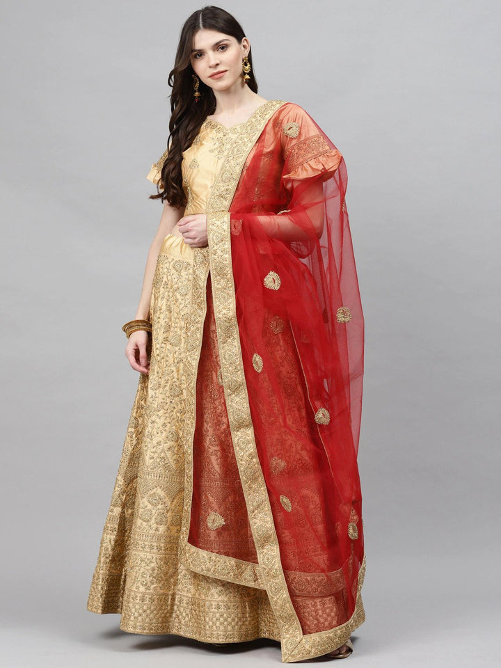 Semi-stitched Lehenga Set with Mughal Motif Embroidery & Contrast Embellished Dupatta