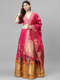 Ombre Semi Stitched Banarasi Lehenga Choli With Gold Zari Weave Dupatta & Peacock Motifs