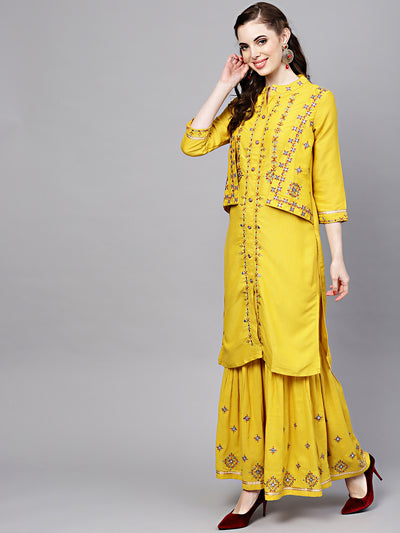 Chhabra 555 Yellow Cotton Kurta Set with attached Short Jacket and Embroidered Sharara