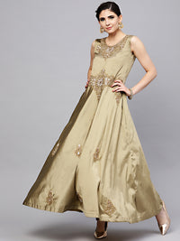 Chhabra 555 Gold Silk Made-to-Measure Kurta Set with Zari Embroidery and Jewelled Neckline