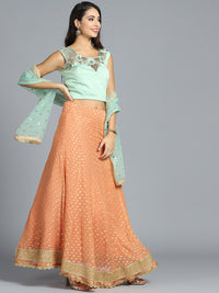 Chhabra 555 Made to Measure Orange Embellished georgette Lehanga With Sea Green heavy work Zarkon, Beads, Woven Design Choli and Embellished Dupatta 