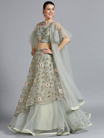 Chhabra 555 Blue-Grey Crop top Lehenga With Zari Sequin Embroidery in floral pattern & bell sleeves