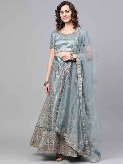 Chhabra 555 Grey Net Semi-stitched Lehenga Set with Jaal Gold Kasab Zari Work with Floral Motifs