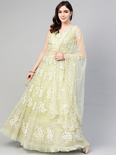 Chhabra 555 Green Cocktail Gown with Pearl Glitter embellishements, Ruffled hemline and cutwork dupatta