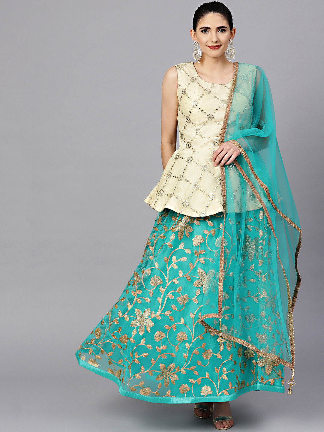 Chhabra 555 Made-to-measure Embroidered Lehanga With Gota Patti, Mirror Work and Peplum Top