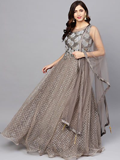 Chhabra 555 Made to Measure Grey Anarkali Cocktail Gown with Zari, Resham and Zircon Embroidery