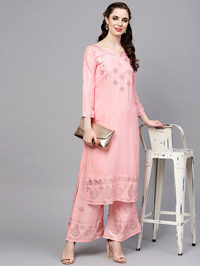 Chhabra 555 Pink Green Made-to-Measure Kurta with Gotta Patti, Resham Embroidery and Palazzo