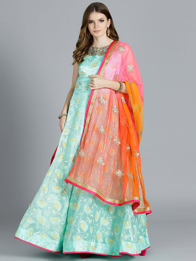 Chhabra 555 Teal Blue Tissue Foil Printed Kurta with floral motifs and contrast zari embroidered Orange Dupatta