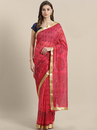 Chhabra 555 Chanderi Blockprinted Multicolor Saree with  Golden zari border and crystals