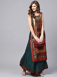 Chhabra 555 Green Cotton Layered Kurta Gown with Beads and stone Embellishments and tribal pattern