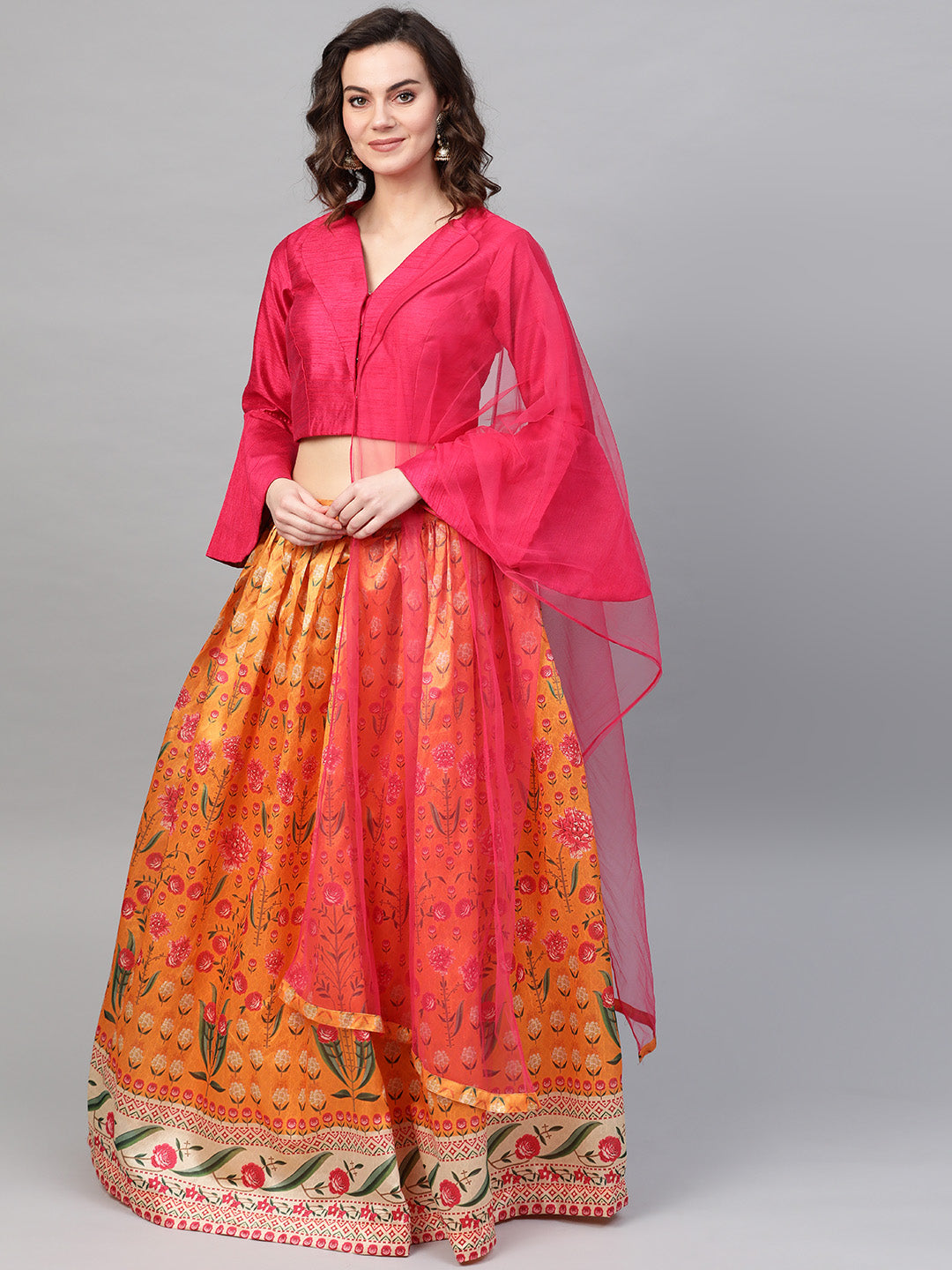 Chhabra 555 Made-to-Measure Digital Print Lehenga Set with flared jacket style bell sleeves crop top blouse