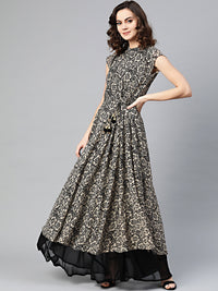 Chhabra 555 Beige Black Printed Kurta Dress with Crystal embellishments, layered hemline, tassled belt, and contemporary tropical print