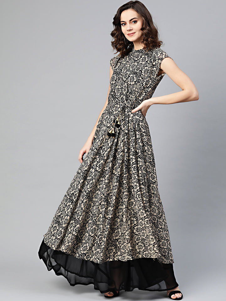 Chhabra 555 Beige Black Printed Kurta Dress with Crystal embellishments, layered hemline, tassled belt, and contemporary tropical print