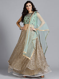 Chhabra 555 Pista Green and Beige Net Embellished Crop top Lehanga With Kundan & Beautiful Nakshi Work Choli with Dupatta
