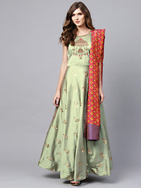 Chhabra 555 Made to Measure Green Embellished Anarkali Kurta Set with Resham embroidery and Ikat Print dupatta