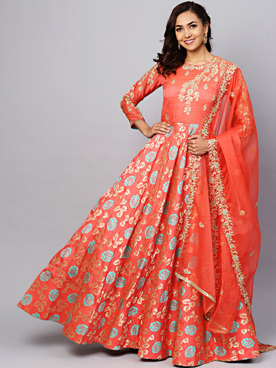 Chhabra 555 Made-to-Measure Pink Embellished Gown with Banarasi weaving and Zari Embroidered Dupatta