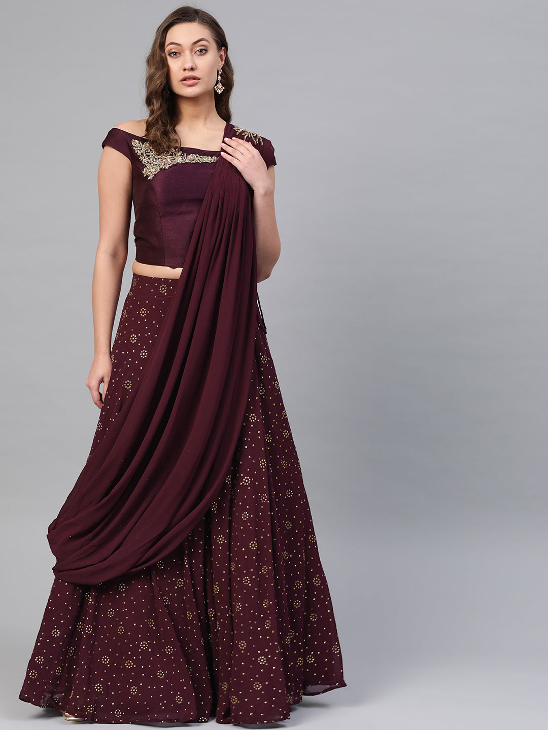 Chhabra 555 Made-to-Measure Lehenga Set with Embellished Foil Print, Embroidered off shoulder Crop Top blouse and Draped Ruffled Dupatta