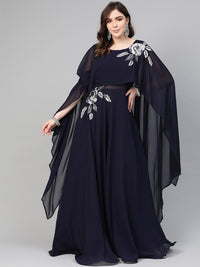 Chhabra 555 Made to Measure Georgette Cocktail Gown with Attached Cape and Sequin Floral embroidery