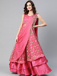 Chhabra 555 Made to Measure Layered Cocktail Gown with Aari, Zari embroidery, long tassle embellishments and Attached Ruffled dupatta