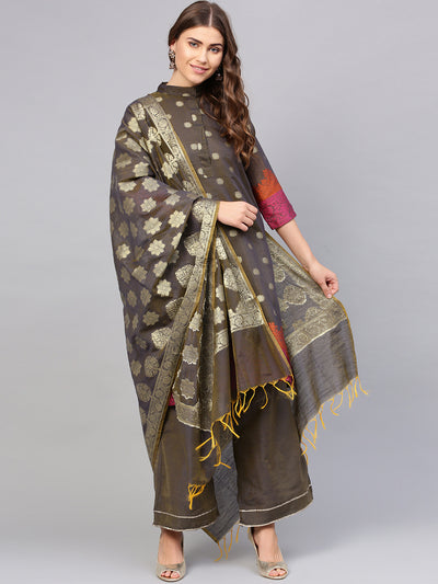 Chhabra 555 Taupe Banarasi Handloom Dress Material with Zari Resham Weaving and Tassled dupatta