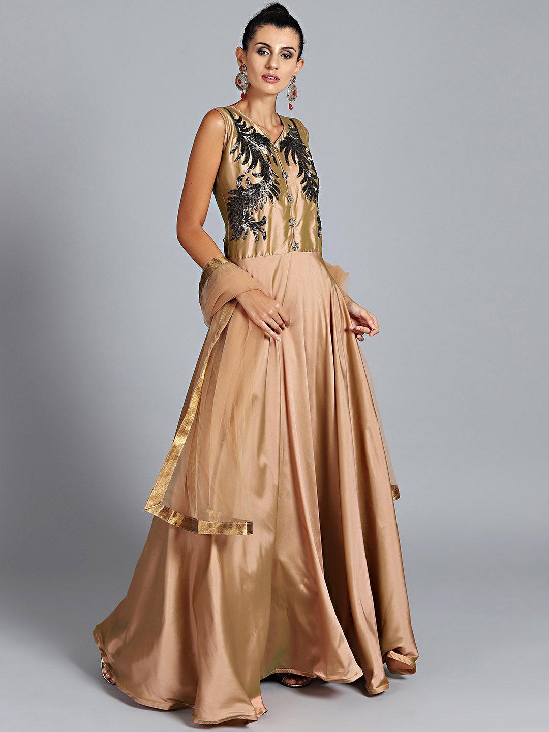 Chhabra 555 Copper Brown Sequin embellished Anarkali Kurta with matching dupatta