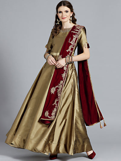 Chhabra 555 Gold Anarkali Crystal Embellished Kurta with rich maroon Velvet dupatta