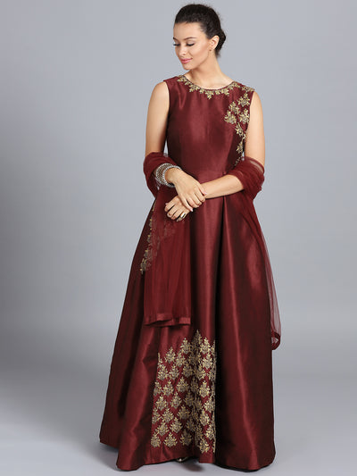 Chhabra 555 Maroon Raw Silk Zari Embroidered Stitched Gown With Net Dupatta