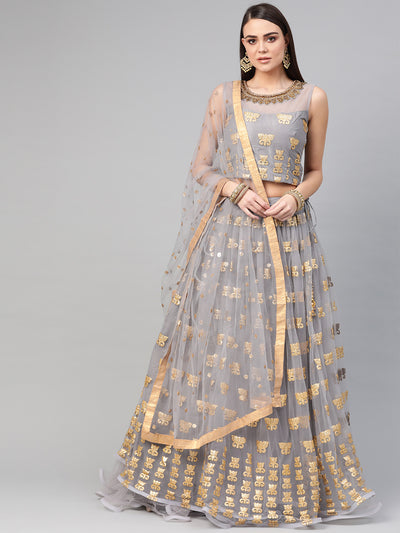 Chhabra 555 Made-to-Measure Crop Top Lehenga Set with Applique patchwork lotus motifs, ruffled hemline and kundan embroidered neckline