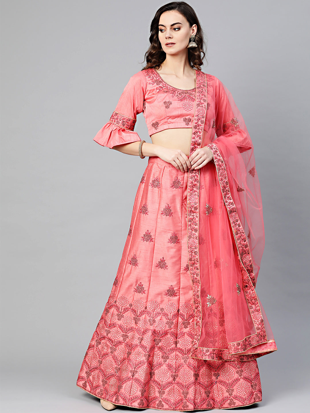 Chhabra 555 Peach Silk Unstitched Lehenga set with Zari, Resham embroidery in floral motifs