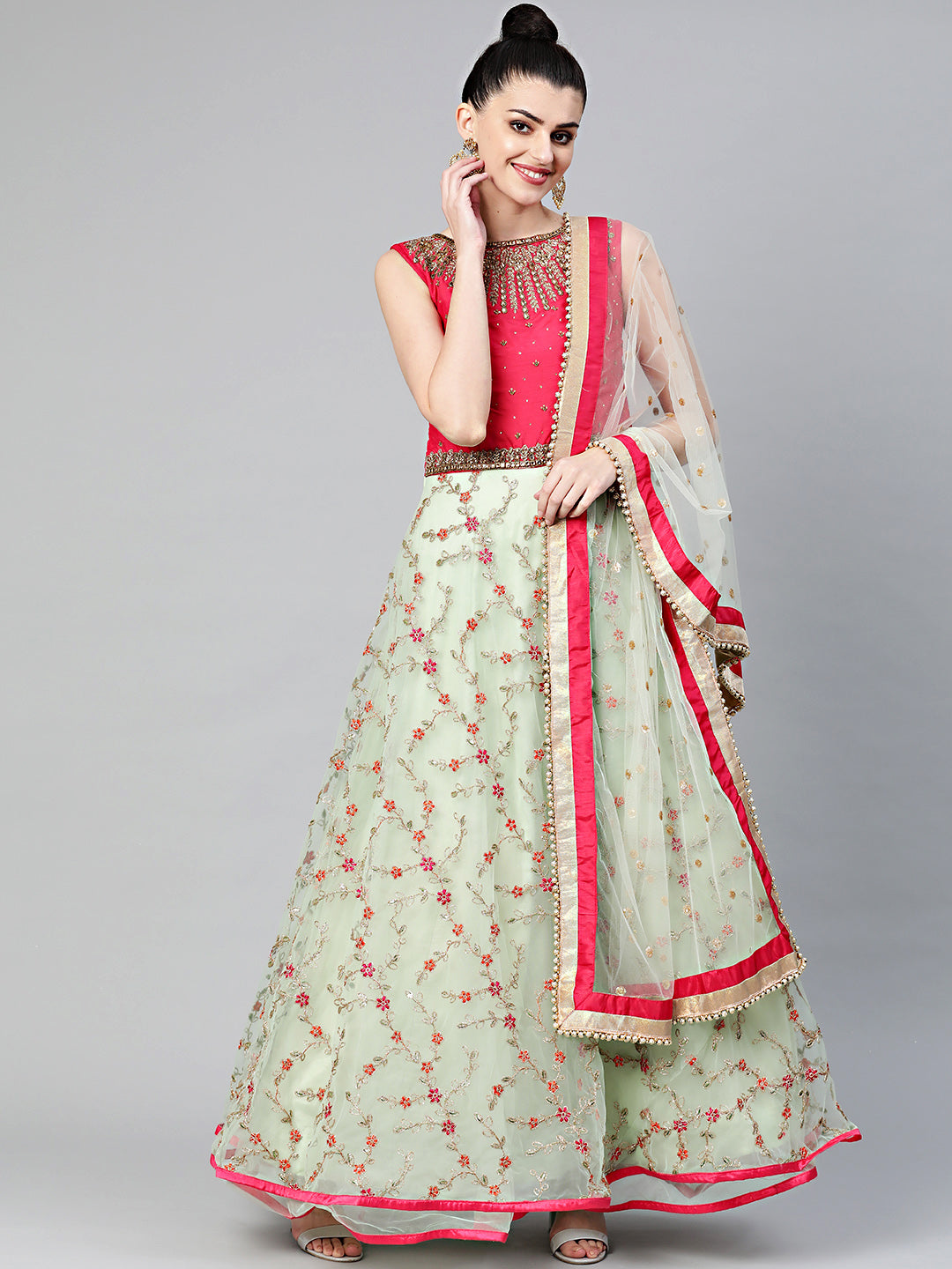 Chhabra 555 Made to Measure Pink and Mint Green Embroidered Anarkali Kurta Set. Resham and Zari Embroidered Kurta with Choker Style Kundan Embellished Yoke and with Sequin and Dori Embellished Dupatta