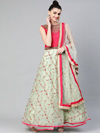 Chhabra 555 Made to Measure Pink and Mint Green Embroidered Anarkali Kurta Set. Resham and Zari Embroidered Kurta with Choker Style Kundan Embellished Yoke and with Sequin and Dori Embellished Dupatta