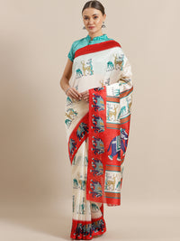 Chhabra 555 White Bhagalpuri Silk Saree with Ethnic Digital Pattern and Contrast Red Printed Blouse