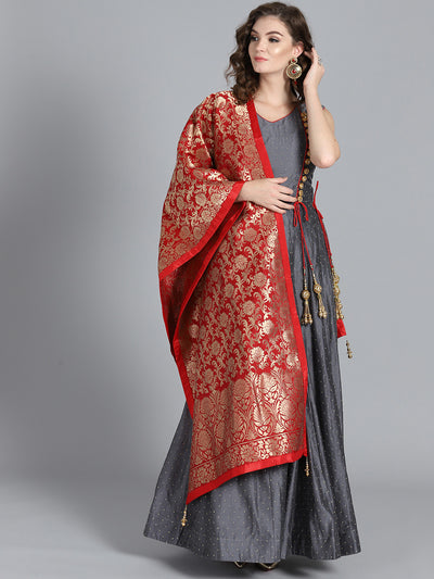 Chhabra 555 Dark Grey & Red Banarasi Silk Beads Work Embellished Stitched Anarkali Kurta Set With Heavy Banarasi Dupatta