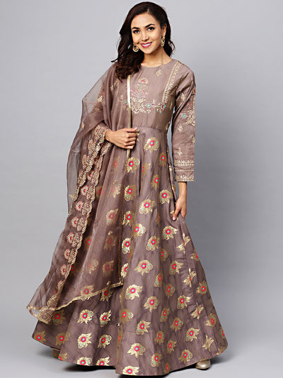 Chhabra 555 Made-to-Measure Grey Embellished Gown with Banarasi weaving and Zari Embroidered Dupatta