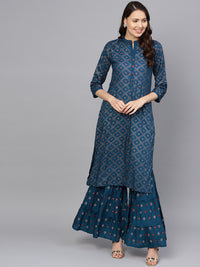 Chhabra 555 Made to Measure Blue Foil Print Kurta Set With Mirror embellishments and flared sharara