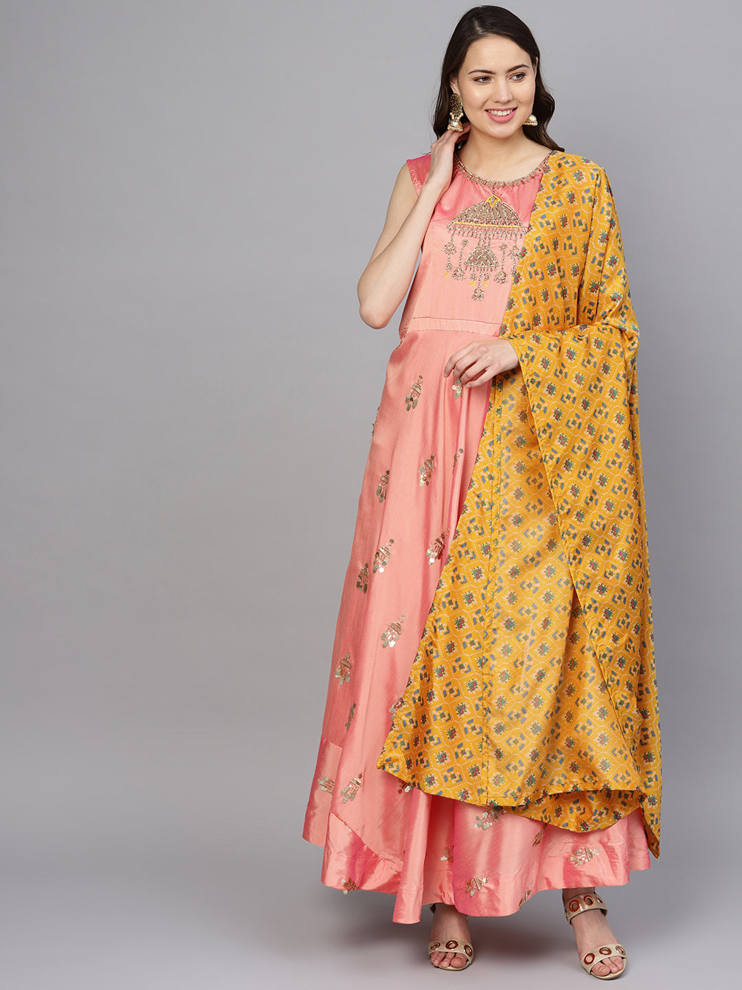 Chhabra 555 Made to Measure Pink Embellished Anarkali Kurta Set with Ikat Print dupatta