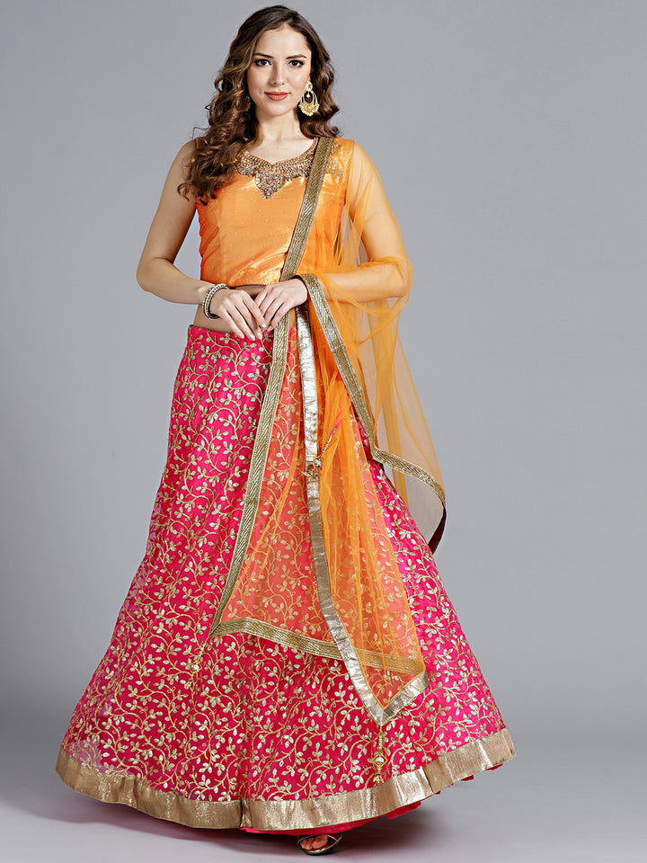 Chhabra 555 Pink Net Embroidered Crop top Lehanga With Swarovski and heavy Zircon Work choli with tassels and Dupatta with beautiful tassels
