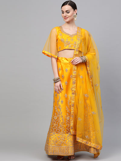 Chhabra 555 Mustard Net Semi-stitched Lehenga Set with Jaal Gold Kasab Zari Work with Floral Motifs