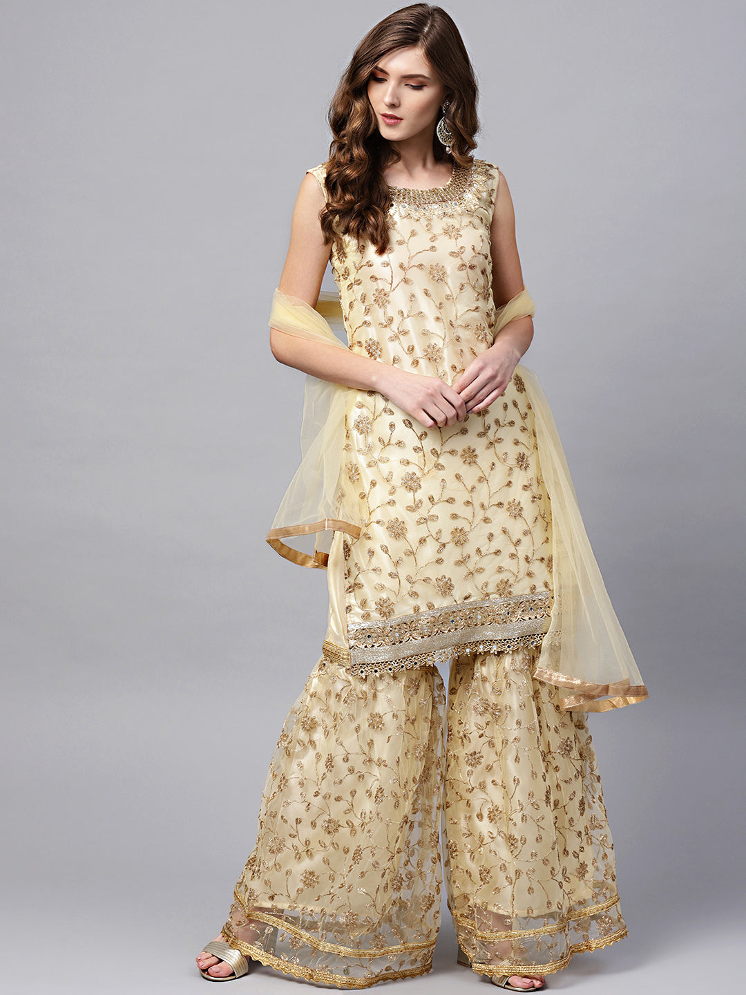 Chhabra 555 Made to Measure Cream Zari Embroidered Kurta Sharara Set with Pearl and Mirror Embellishments