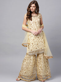 Chhabra 555 Made to Measure Cream Zari Embroidered Kurta Sharara Set with Pearl and Mirror Embellishments